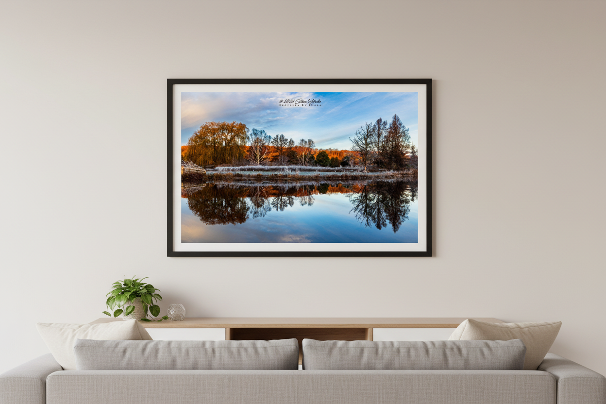 Large fine art print of hoarfrost covered shoreline with warm orange fall foliage and perfect mirror reflection on a still pond in Veronica Valley Michigan November 20 2023 displayed in modern living room