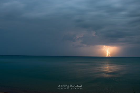 Lightning Strike in Lake Michigan from Leland Beach  - Print
