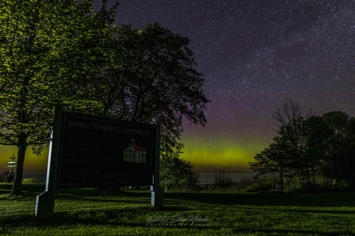 Northern Lights over the Grand Traverse Lighthouse Sign - Print