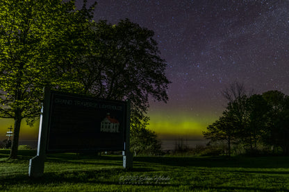 Northern Lights over the Grand Traverse Lighthouse Sign - Print