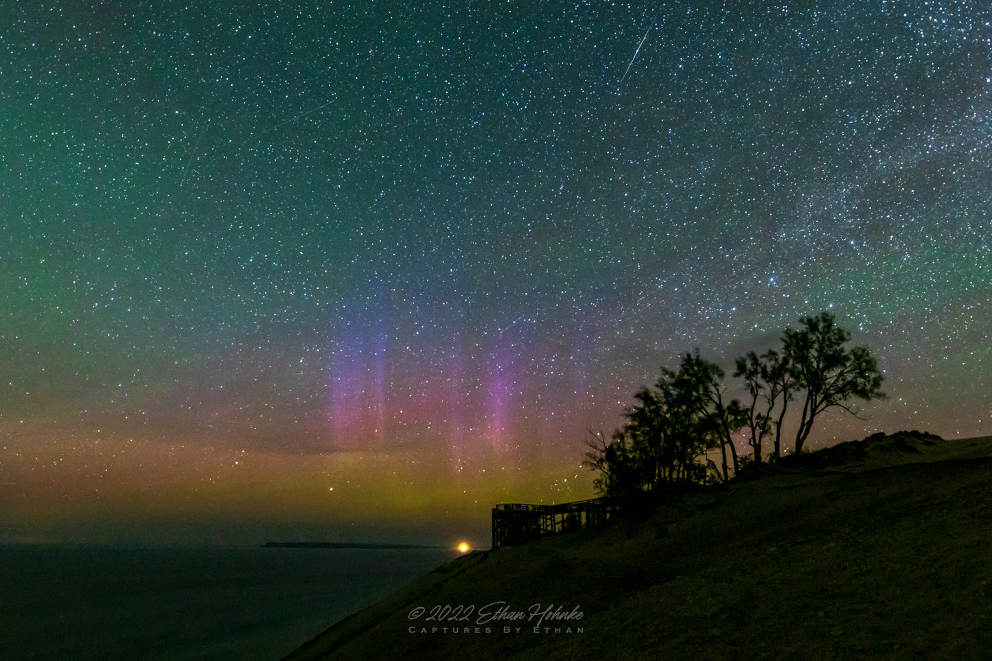 Tau Herculids Meteor and Aurora from Iconic Overlook #9, Sleeping Bear Dunes - Print