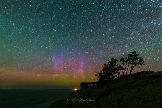Tau Herculids Meteor and Aurora from Iconic Overlook #9, Sleeping Bear Dunes - Print