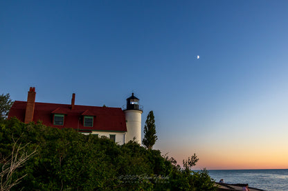 Point Betsie Lighthouse with Half Moon and Sunset Sky - Print