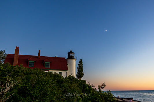 Point Betsie Lighthouse with Half Moon and Sunset Sky - Print