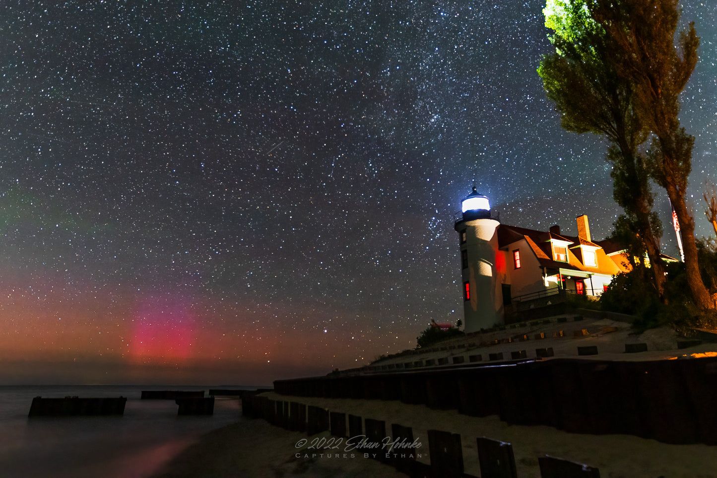 Aurora and Point Betsie Lighthouse on a Starry Summer Night - Print