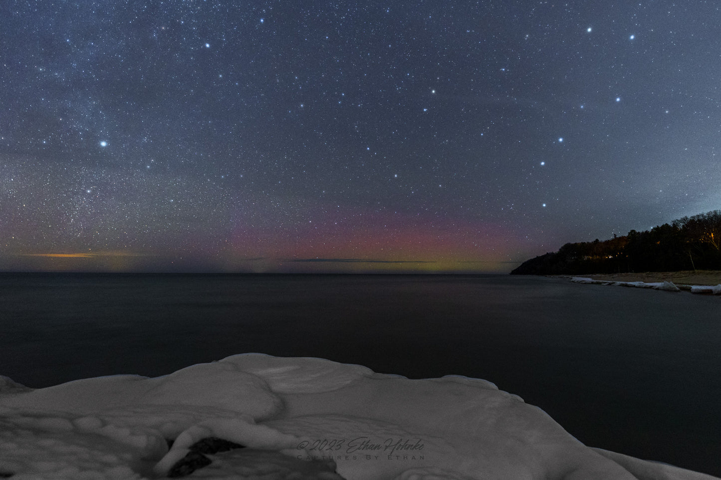Northern Lights with Big Dipper along Lake Michigan Shoreline : Winter Edition - Print