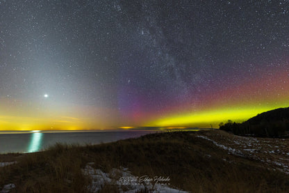 Venus and Northern Lights Reflect on Lake Michigan from North Bar Beach - Print
