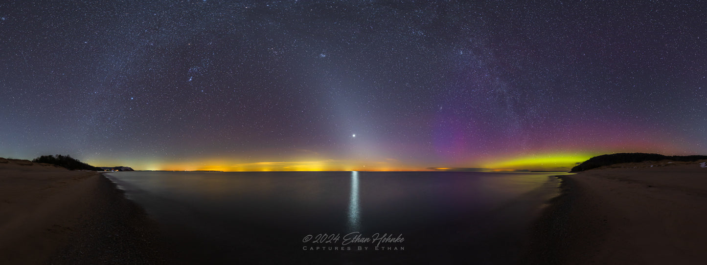 Milky Way, Zodiacal Light, and Northern Lights over Lake Michigan from North Bar Beach (3:1 Ratio) - Print