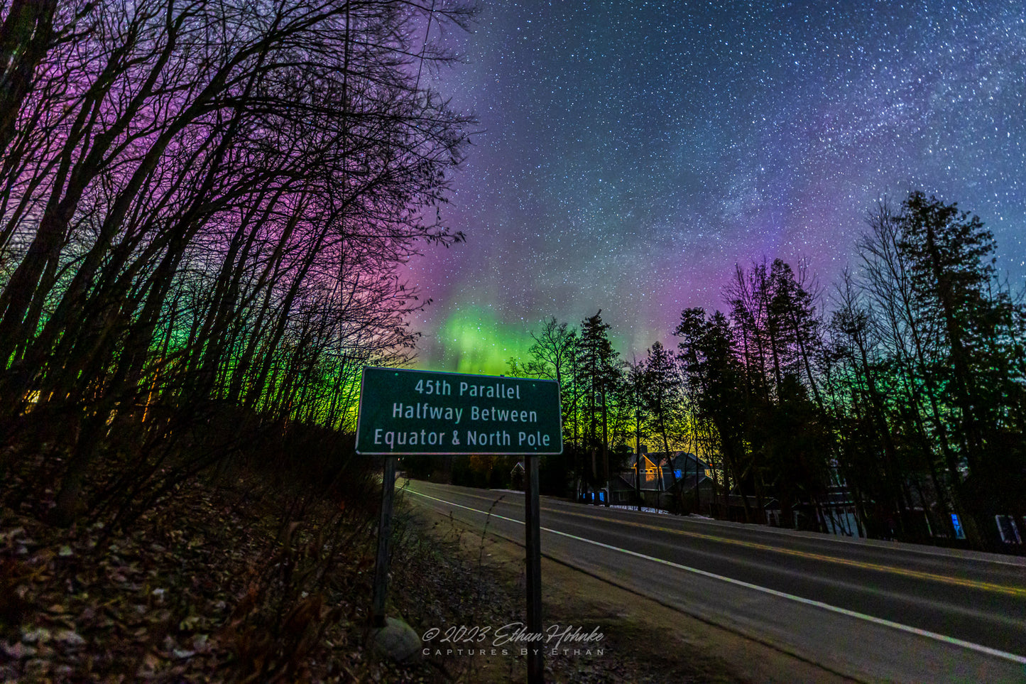 Magical Mornings on M-22 Pt. II, Aurora over 45th Parallel Sign
