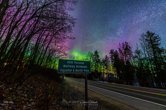 Magical Mornings on M-22 Pt. II, Aurora over 45th Parallel Sign - Print