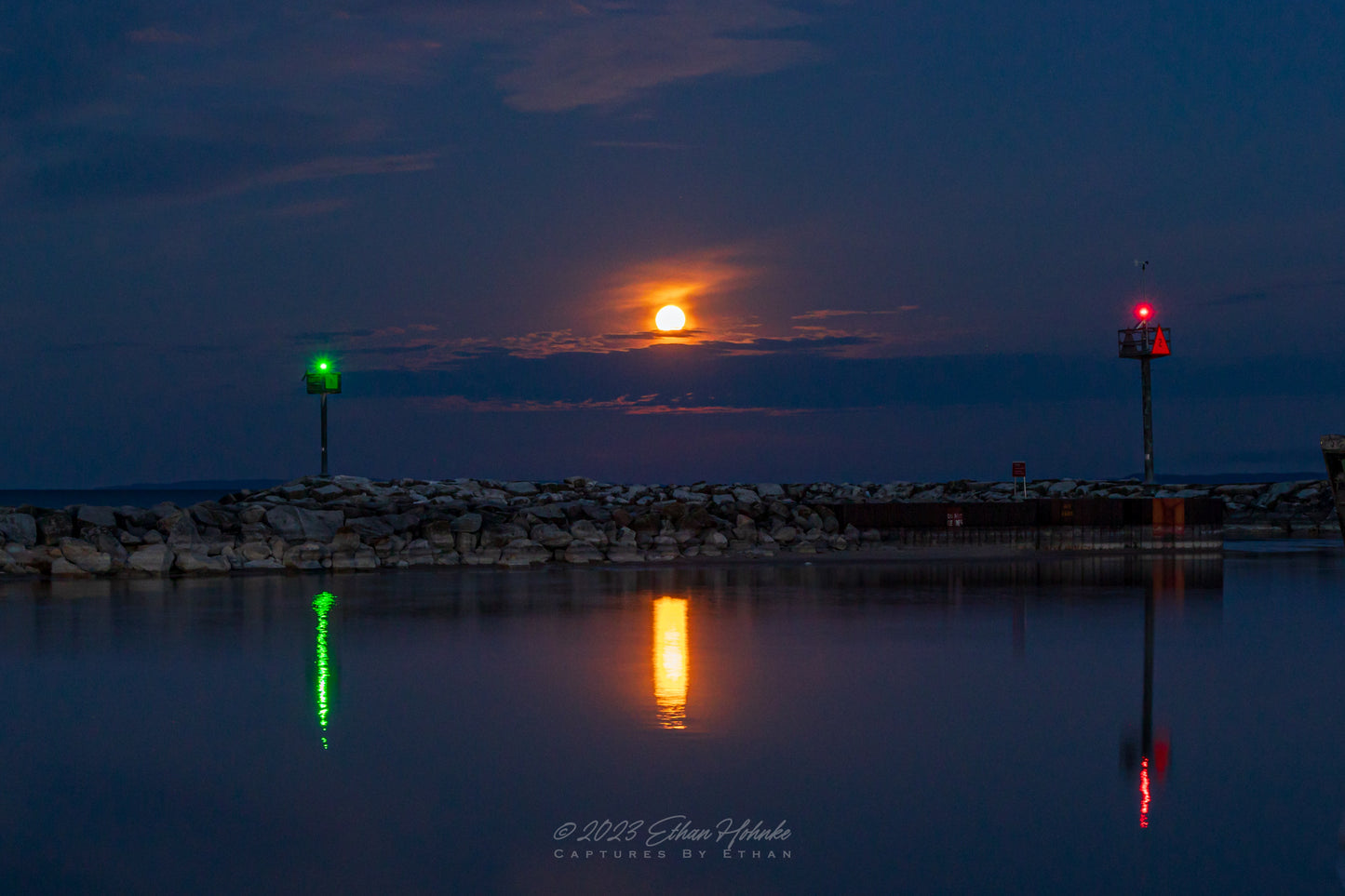 Moonset Between the Leland Harbor Lights - Print