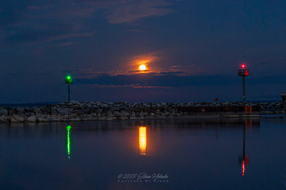 Moonset Between the Leland Harbor Lights - Print