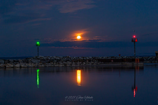 Moonset Between the Leland Harbor Lights - Print