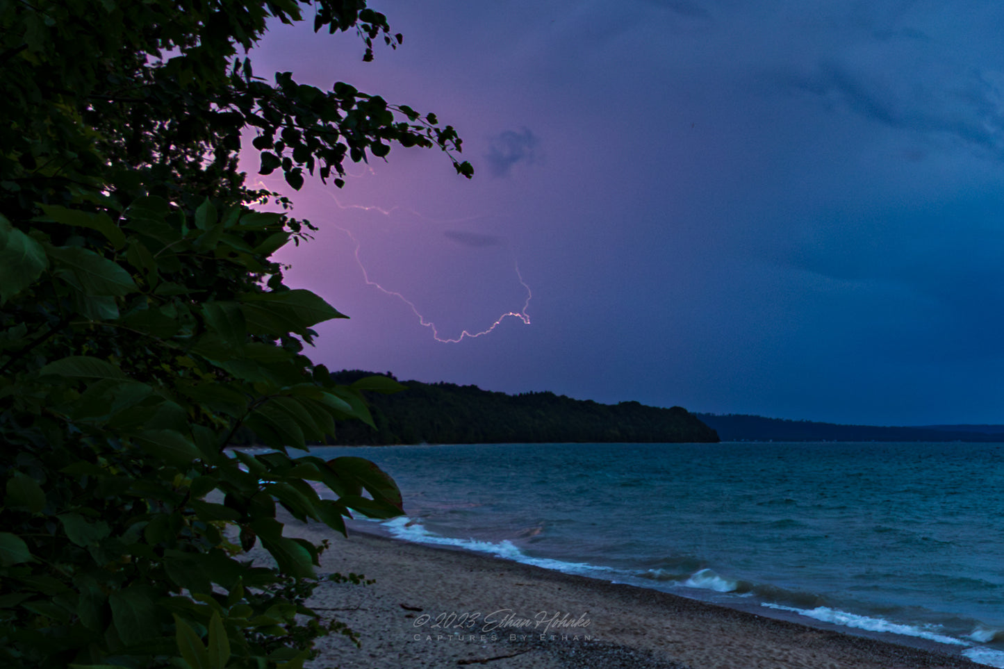 Lightning over Sleeping Bear Bay from Port Oneida Beach  - Print