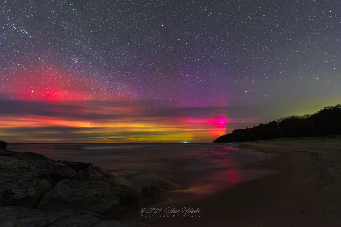 Leland Harbor Breakwall Aurora - Print