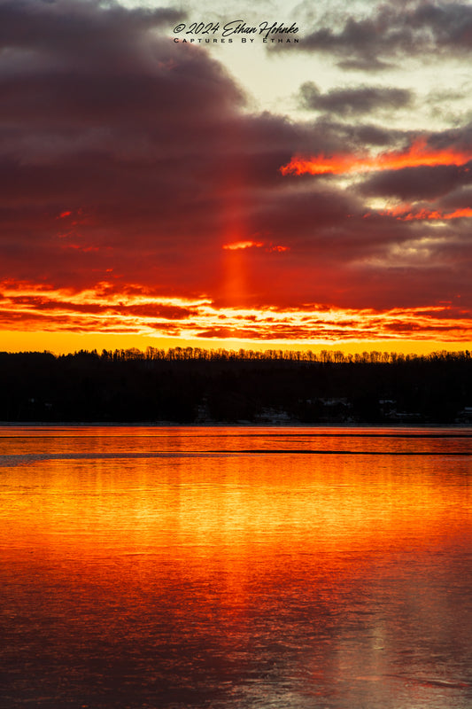 Sun Pillar Sunrise over Lake Leelanau (Portrait Orientation)