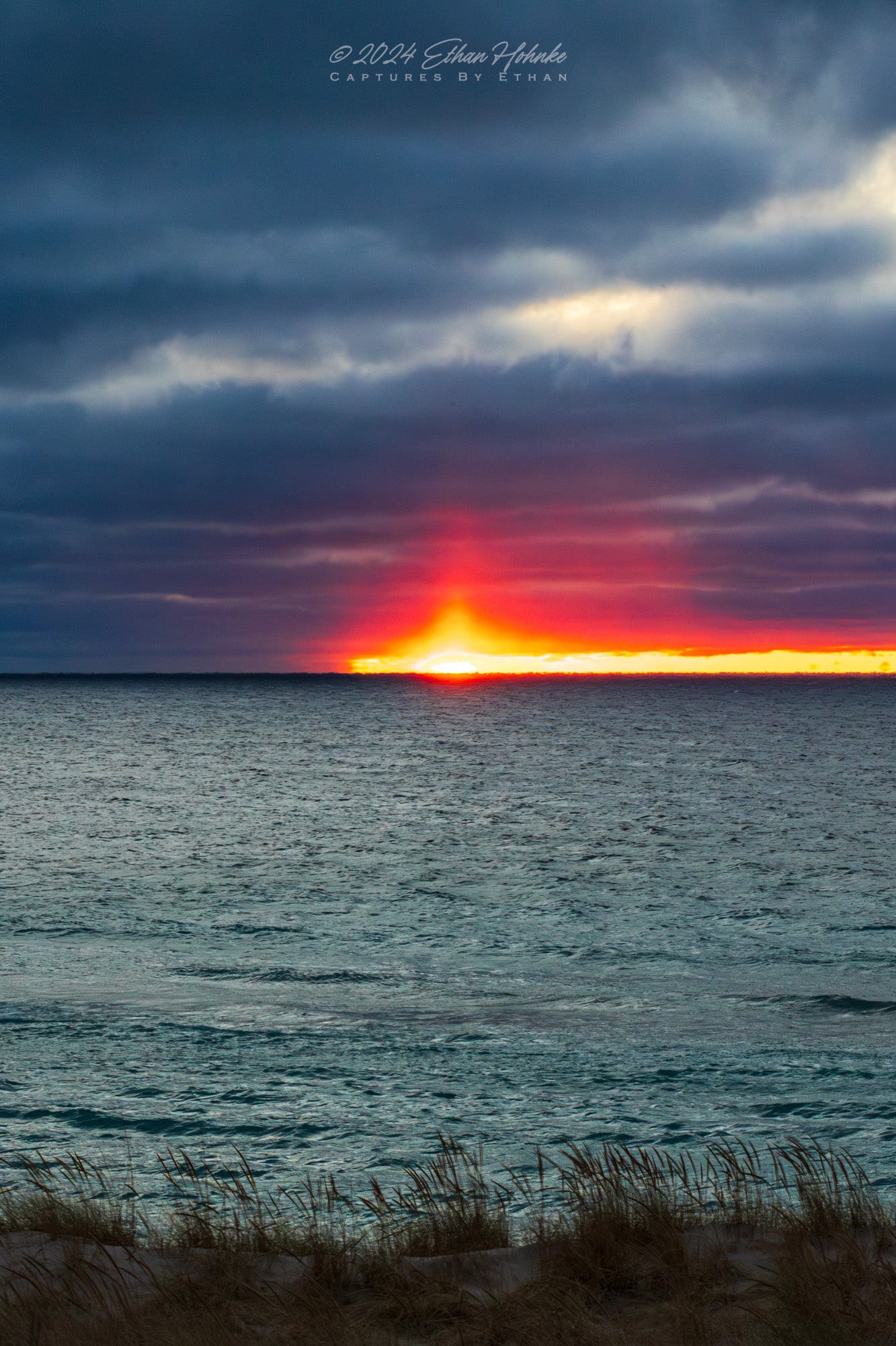 Sun Pillar Sunset over Lake Michigan from North Bar Lake (Portrait Orientation) - Print