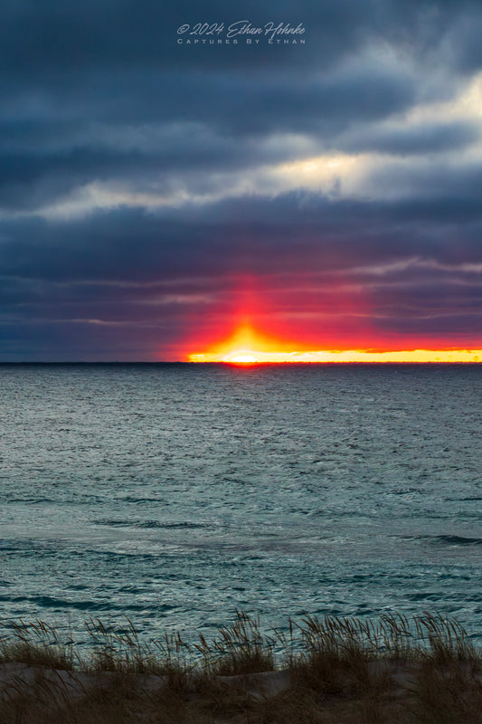 Sun Pillar Sunset over Lake Michigan from North Bar Lake (Portrait Orientation) - Print