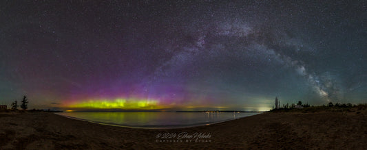 Milky Way Arch with Northern Lights from Glen Haven Panorama (3:1 Ratio)