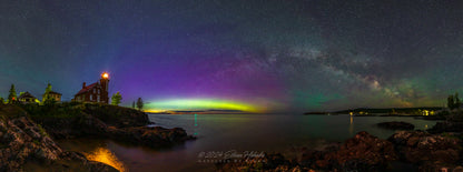 Milky Way Arch and Aurora from Eagle Harbor Lighthouse Panorama (3:1 Ratio) - Print