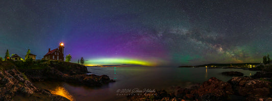 Milky Way Arch and Aurora from Eagle Harbor Lighthouse Panorama (3:1 Ratio)