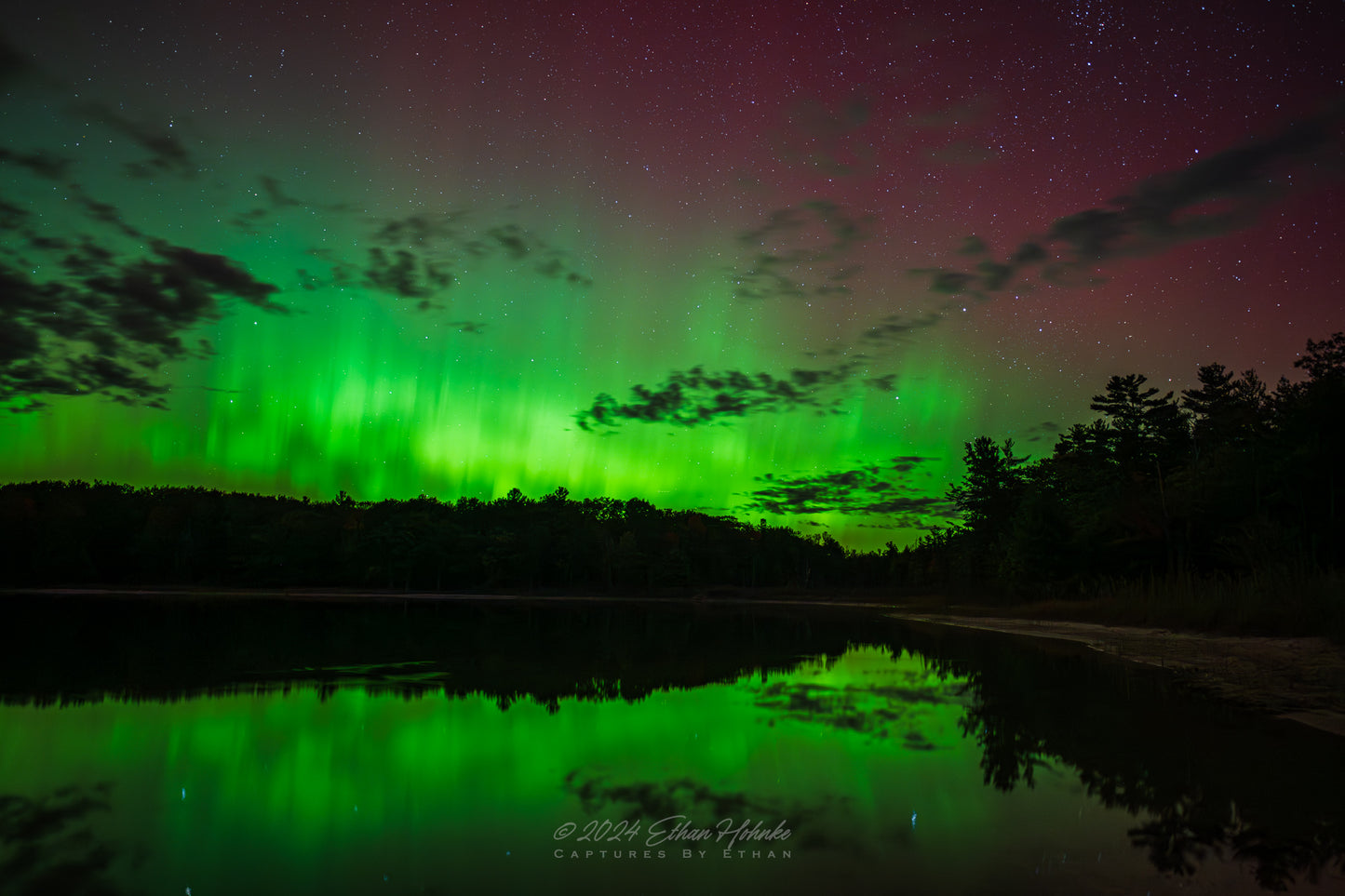 Northern Lights Reflect on Shell Lake within Sleeping Bear Dunes National Lakeshore - Print