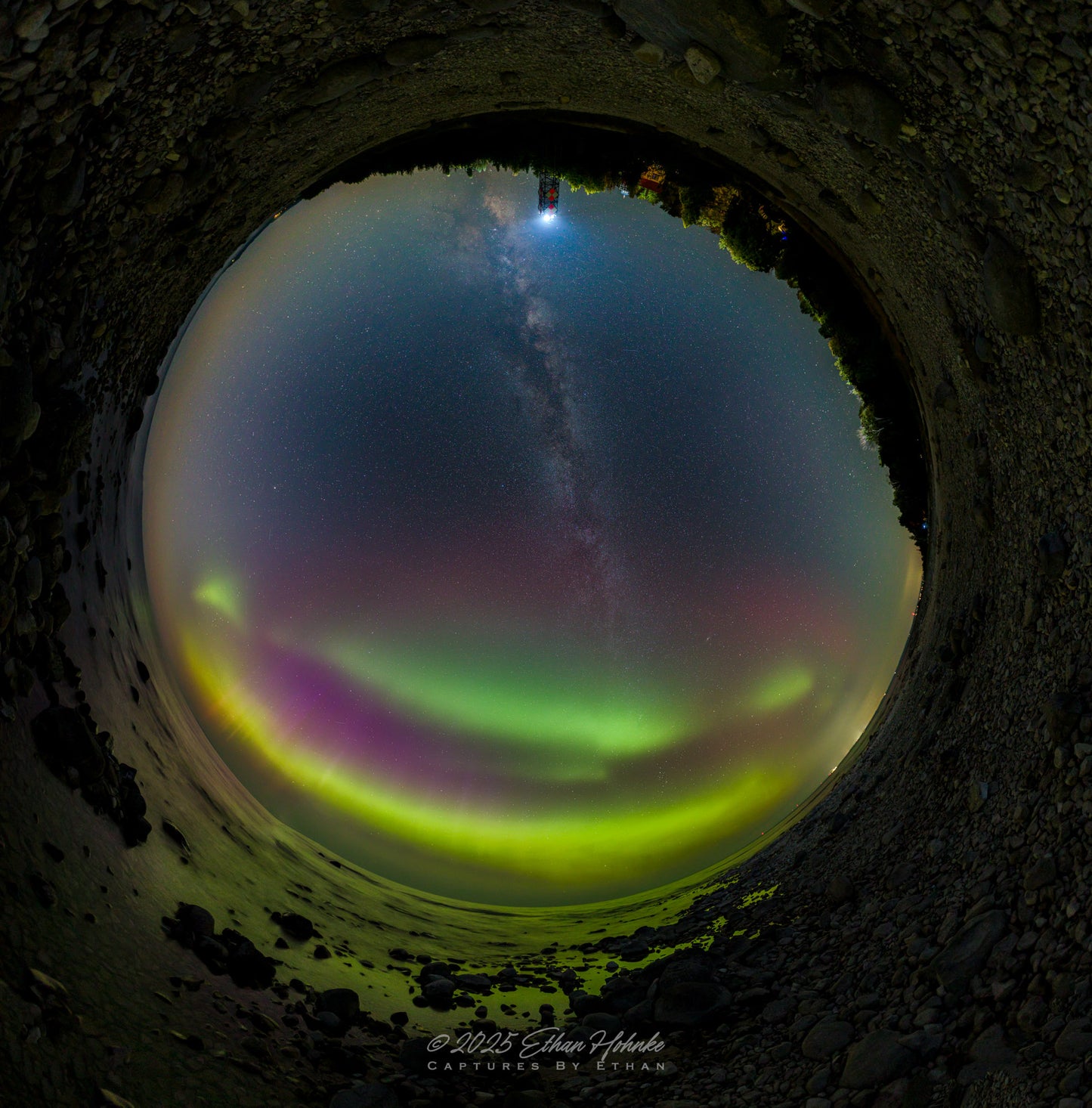 Aurora Party at the Grand Traverse Lighthouse, 360 Degree All Sky Pano Version (1:1 Ratio) - Print