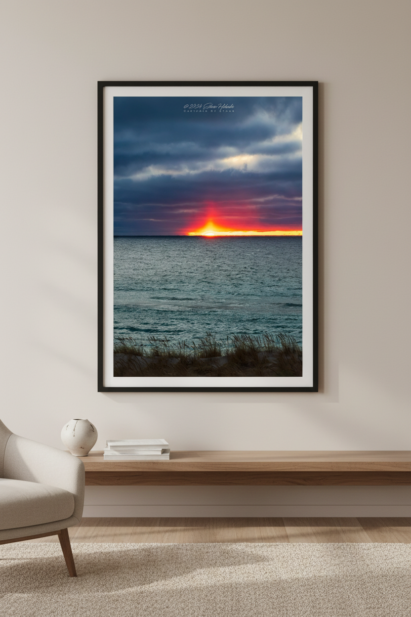 Large fine art portrait print of a rare sun pillar phenomenon at sunset over Lake Michigan from North Bar Lake with fiery red-orange light column rising above the horizon and moody storm clouds February 23 2024 displayed in modern living room