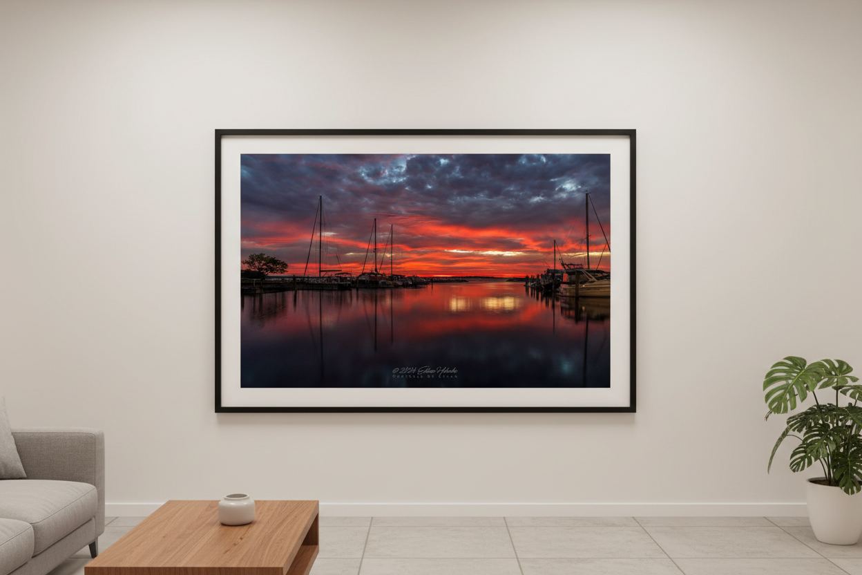 Large fine art landscape print of fiery red sunrise over Northport Marina sailboats with glassy water reflection displayed in modern living room