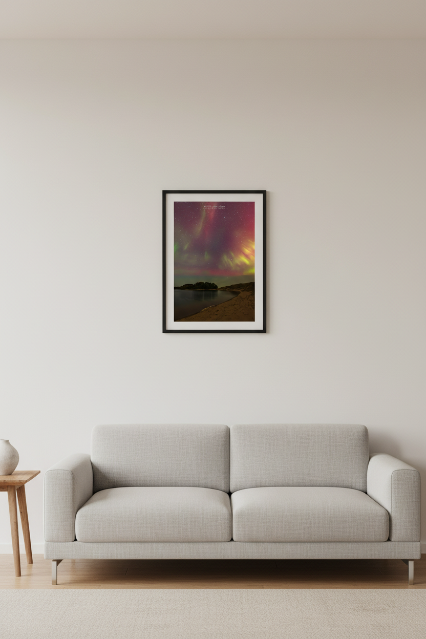 Small fine art portrait print of aurora over North Bar Lake beach with crimson red green and golden yellow aurora curtains above silhouetted island and sandy shoreline at North Bar Lake Michigan October 11 2024 at 1:36am displayed in modern living room