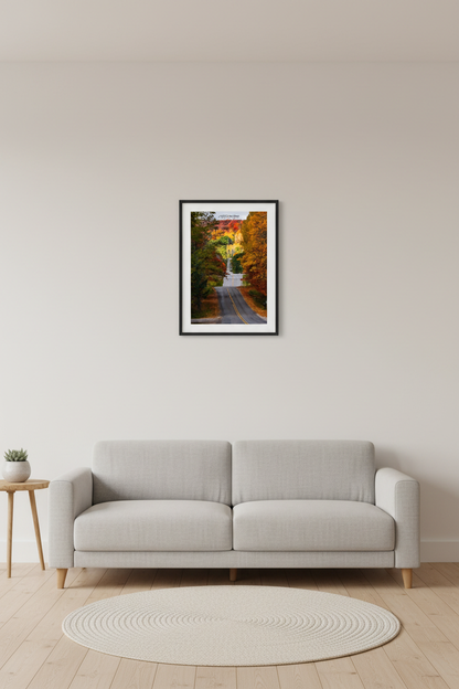 Small fine art portrait print of Narlock Road fall foliage in Leelanau County Michigan displayed in modern living room