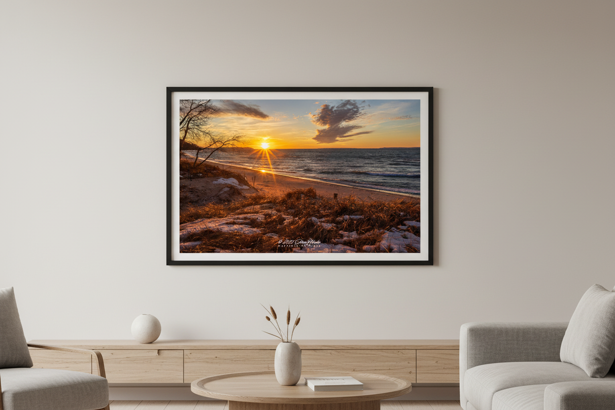 Large fine art landscape print of golden starburst sunset raking warm light across snow-dusted sandy beach with glowing dune grass bare winter trees and rolling Lake Michigan waves at Leland Michigan February 2023 displayed in modern living room