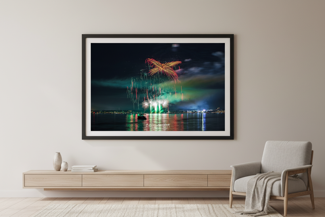 Large fine art landscape print of Traverse City 4th of July 2024 fireworks with emerald green smoke cloud, golden phoenix wing burst, and symmetrical glitter rain trails over Grand Traverse Bay displayed in modern living room