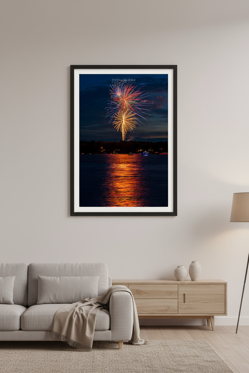 Large fine art portrait print of colorful fireworks bursting over Lake Leelanau Leland Michigan 4th of July July 3 2024 with golden reflection on water displayed in modern living room