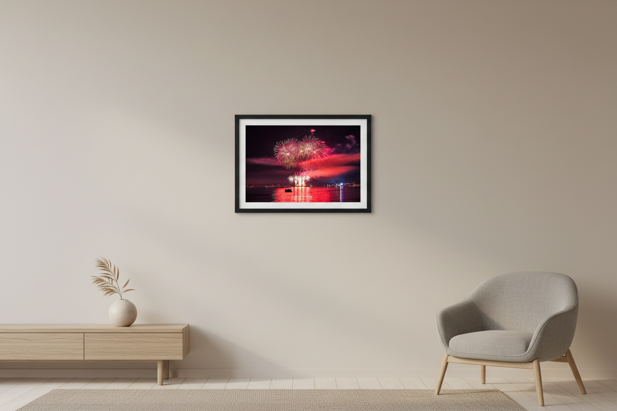 Small fine art landscape print of Traverse City 4th of July 2024 fireworks with crimson red sky, wide silver multi-burst canopy, and vivid red water reflection over Grand Traverse Bay displayed in modern living room