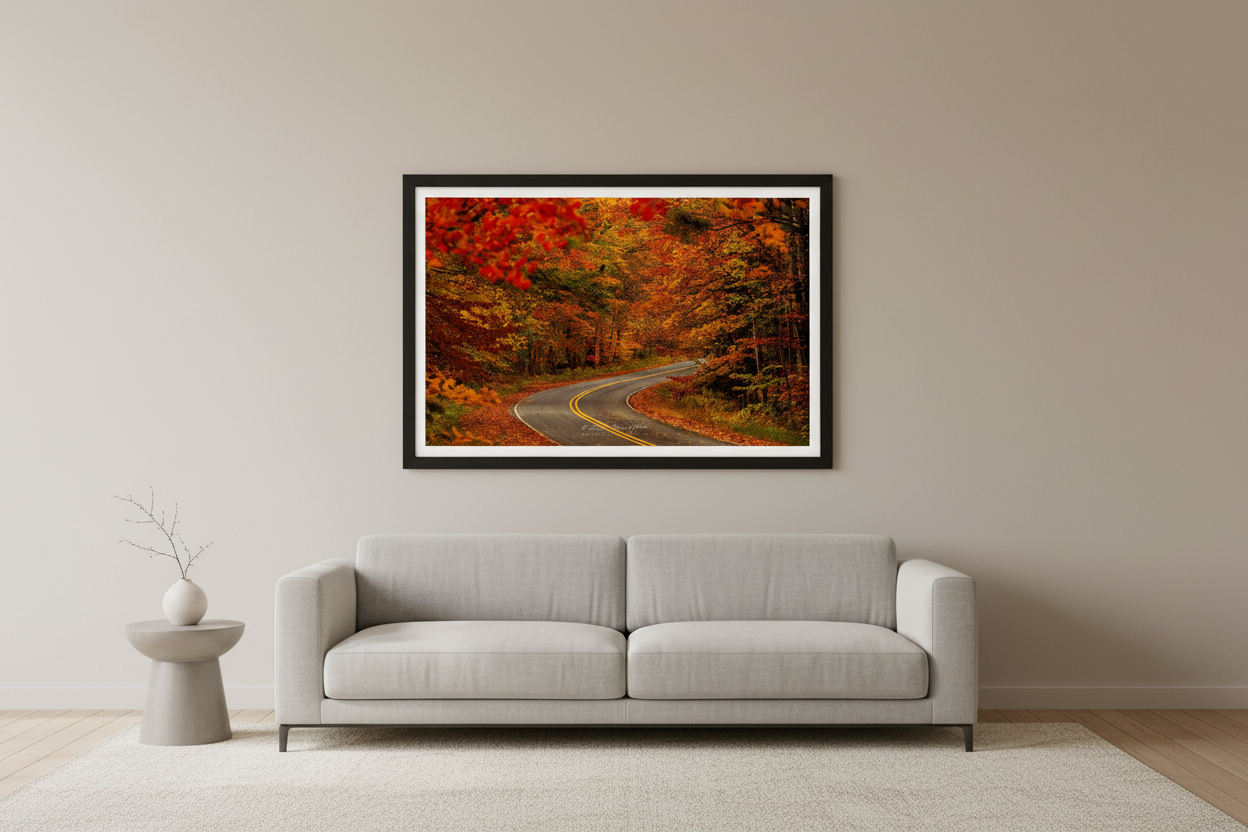 Large fine art print of winding two-lane road through a crimson red and burnt orange fall foliage tunnel on Gills Pier Road in northern Michigan with telephoto compression and fallen leaf carpet displayed in modern living room