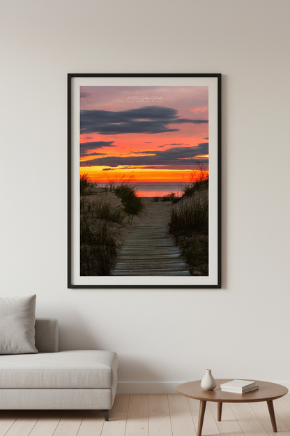 Large fine art portrait print of Glen Haven beach path sunrise at Sleeping Bear Dunes Michigan displayed in modern living room