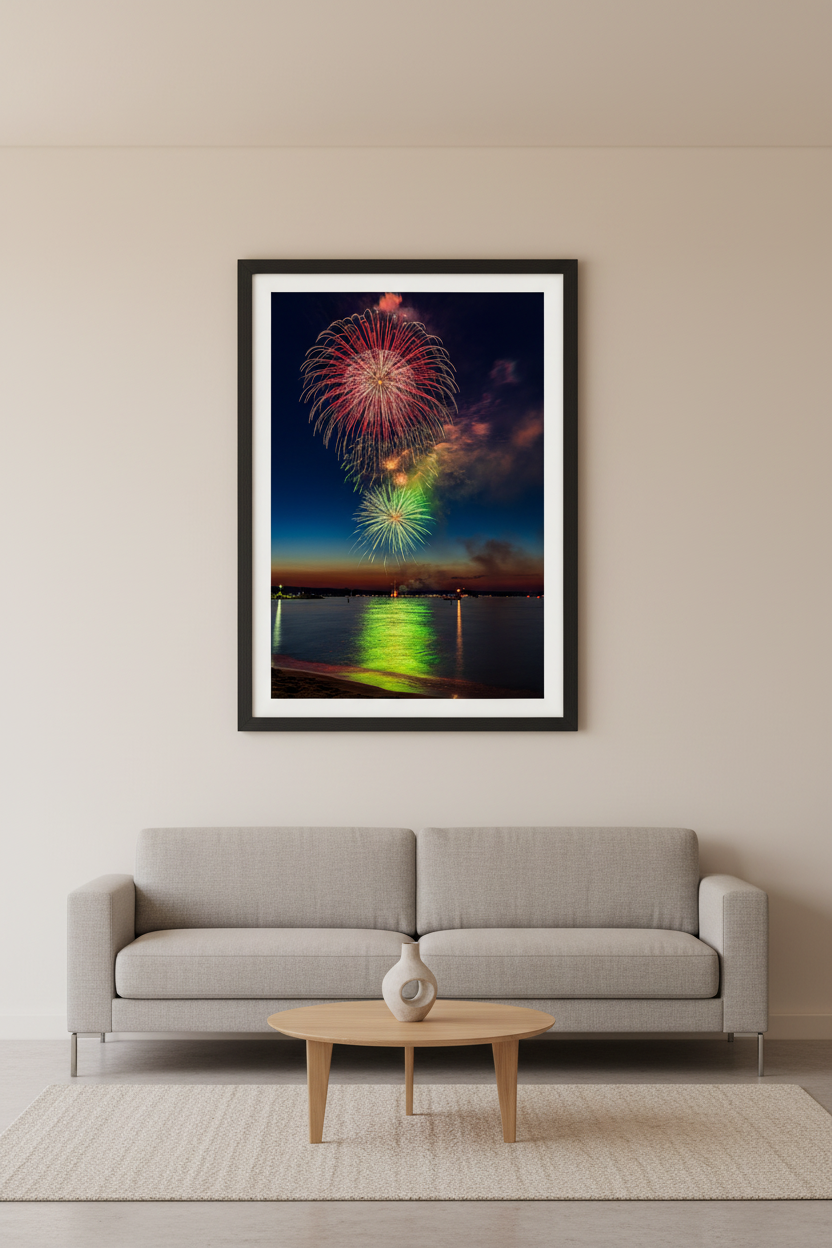 Large fine art portrait print of Traverse City Cherry Festival 2024 finale fireworks featuring crimson pink gold and green triple burst over Grand Traverse Bay from Clinch Park Beach displayed in modern living room