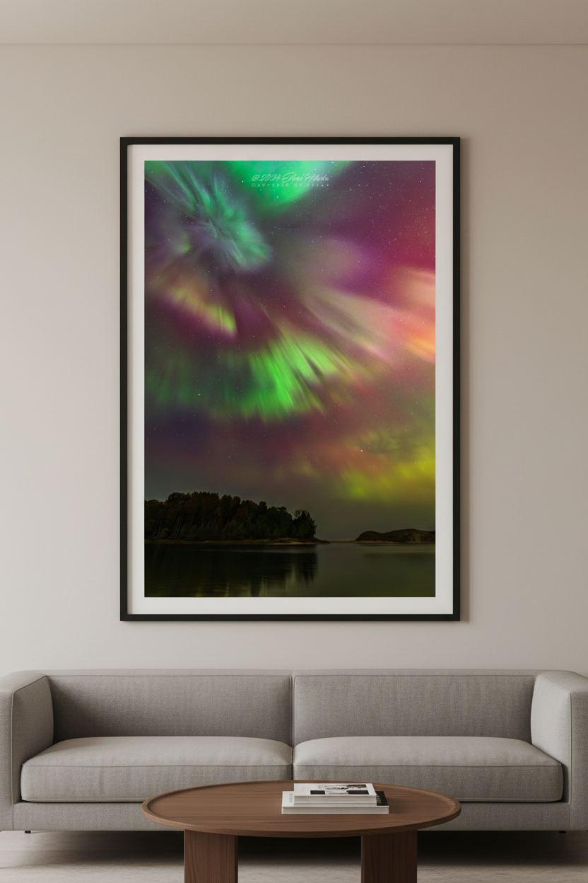 Large fine art portrait print of sweeping full-sky aurora storm with magenta pink green golden yellow and purple curtains over silhouetted tree-covered peninsula reflected in calm water at North Bar Lake Michigan October 11 2024 at 1:10am displayed in modern living room