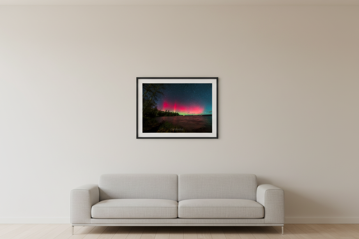 Small fine art print of two tall narrow crimson red aurora pillars rising over Lake Leelanau wooded shoreline from Leland Michigan November 8 2024 8:31pm with pink water reflection and starfield displayed in modern living room
