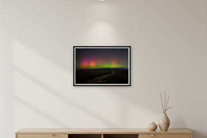 Small fine art landscape print of aurora borealis pillars over a winding creek at Magoon Creek Natural Area Manistee County Michigan displayed in modern living room