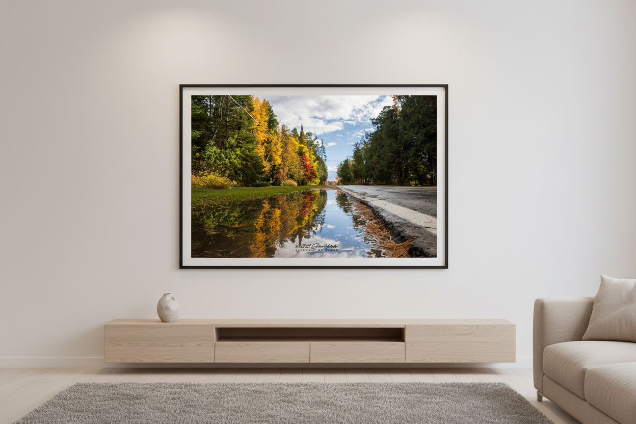 Large fine art landscape print of fall color reflecting in a roadside rain puddle in Leelanau County Michigan displayed in modern living room