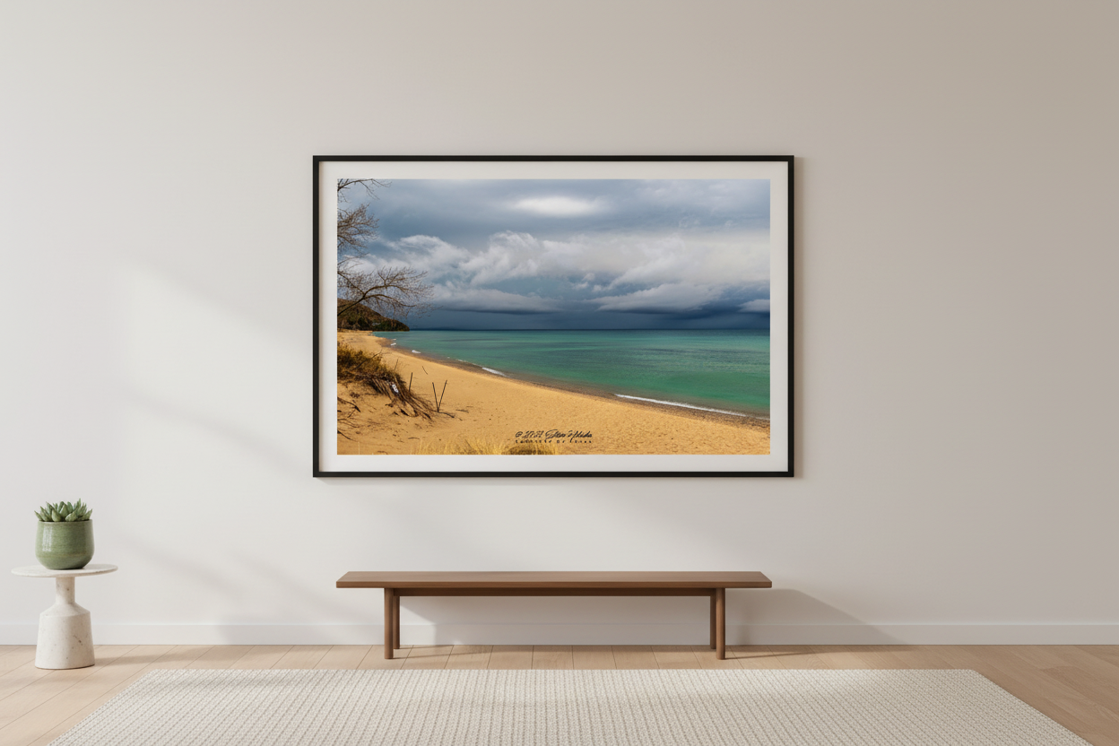 Large fine art landscape print of approaching thunderstorm over Lake Michigan from Leland displayed in modern living room