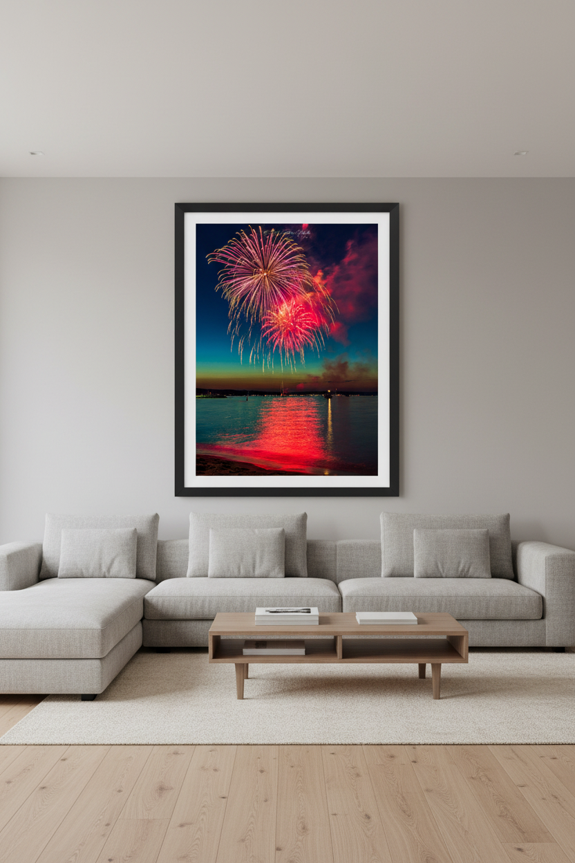 Large fine art portrait print of Traverse City Cherry Festival 2024 finale fireworks with pink and magenta bursts reflecting over Grand Traverse Bay from Clinch Park Beach displayed in modern living room