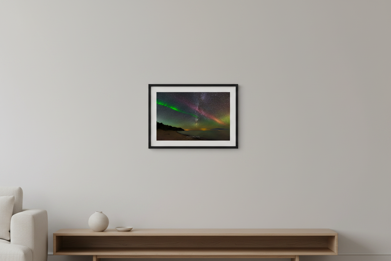 Small fine art landscape print of S.T.E.V.E. aurora and Milky Way simultaneously over Lake Michigan at Christmas Cove Beach Northport Michigan September 19 2023 at 12:18am displayed in modern living room