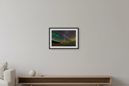 Small fine art landscape print of S.T.E.V.E. aurora and Milky Way simultaneously over Lake Michigan at Christmas Cove Beach Northport Michigan September 19 2023 at 12:18am displayed in modern living room