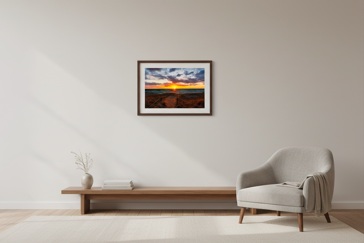 Small fine art landscape print of roped beach path leading to starburst sunset with purple orange clouds and teal waves at North Bar Beach Sleeping Bear Dunes March 2024 displayed in modern living room