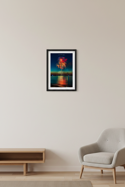 Small fine art portrait print of Traverse City Cherry Festival 2024 finale fireworks featuring twin golden palm tree bursts red peony and teal green globe over Grand Traverse Bay from Clinch Park Beach displayed in modern living room
