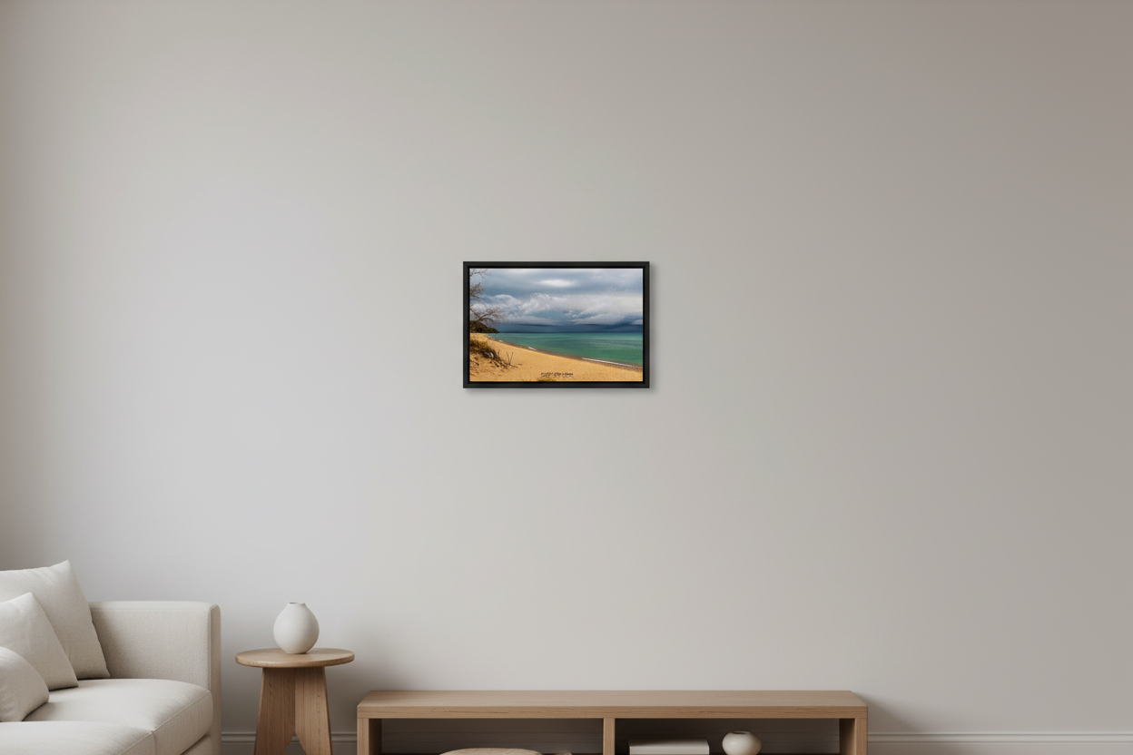 Small fine art landscape print of approaching thunderstorm over Lake Michigan from Leland displayed in modern living room