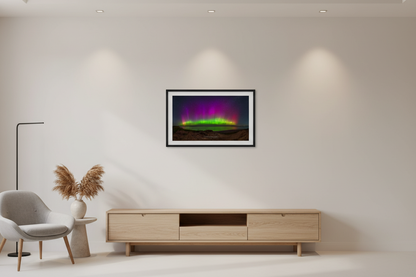 Small fine art wide panorama print of northern lights over Lake Michigan from Sleeping Bear Point displayed in modern living room